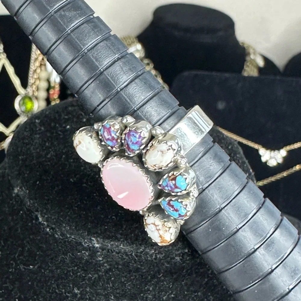 Sterling Silver Pink Conch & Composite gemstones half flower Ring Sz 6.5 adj - Picture 10 of 14